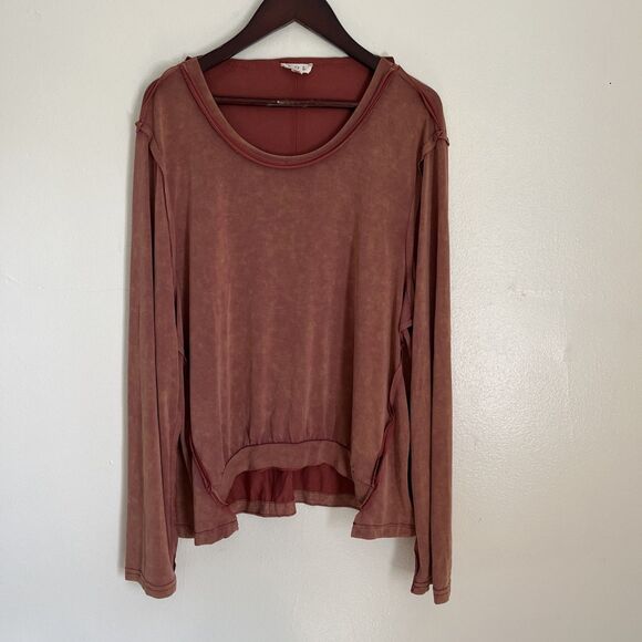 POL Raw Hem Acid Wash Scoopneck Boho Relaxed Fit Blouse, Rust Orange- Small - Picture 1 of 10